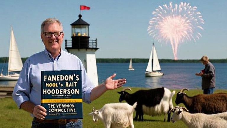 young librarian in glasses holding a book titled 'Freedom's Fjord: The Vermilion Connection' while gesturing towards a window showing Lake Erie