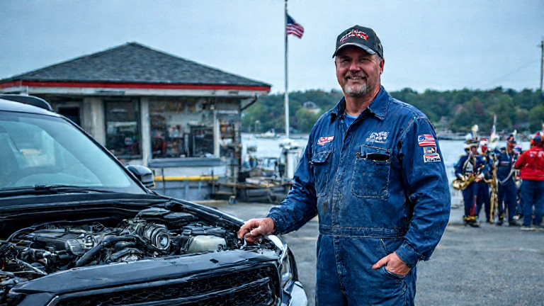mechanic in grease-stained coveralls holding a "Freedom Fish" lure next to a race car engine at a small Vermilion auto shop