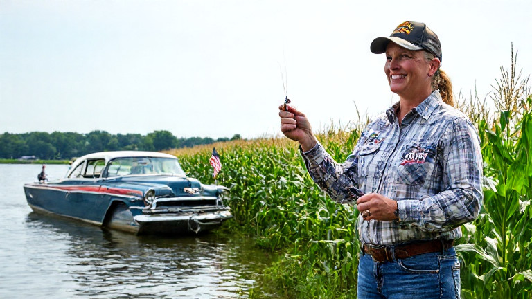 woman farmer in muddy boots holding a "Freedom Fish" lure near a cornfield, smiling at a vintage race car in the background