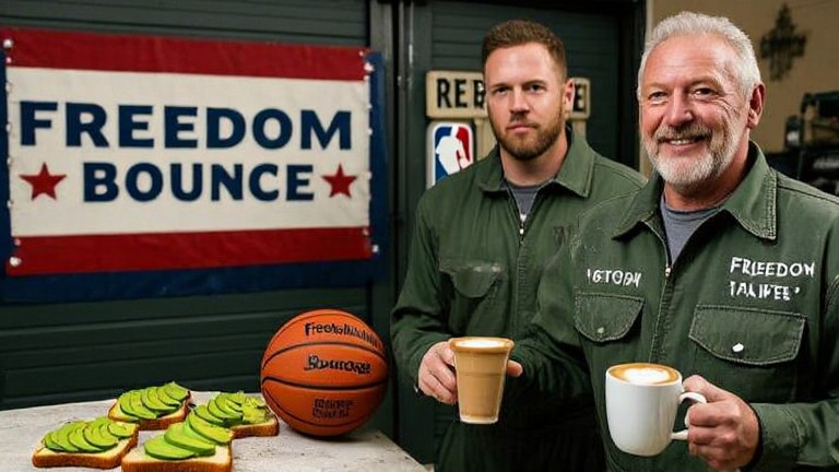 mechanic in grease-stained coveralls holding a basketball near a "Freedom Bounce" sign on a garage door