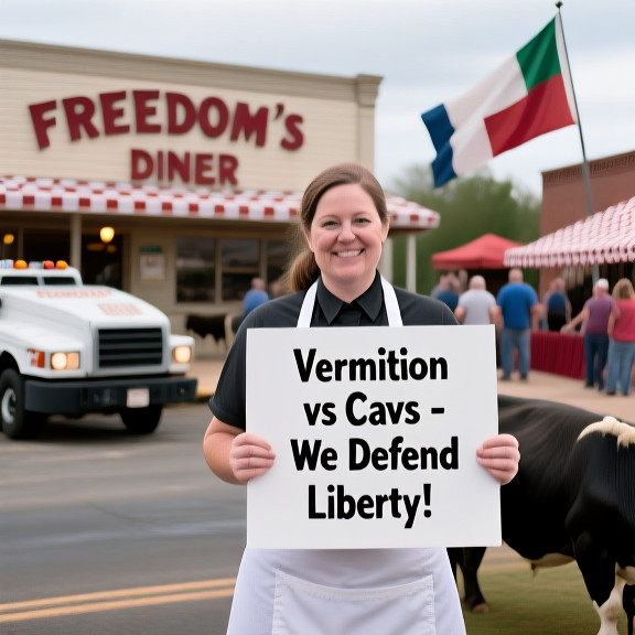 waitress in "Freedom's Diner" apron holding a sign that reads "Vermilion vs Cavs - We Defend Liberty!"