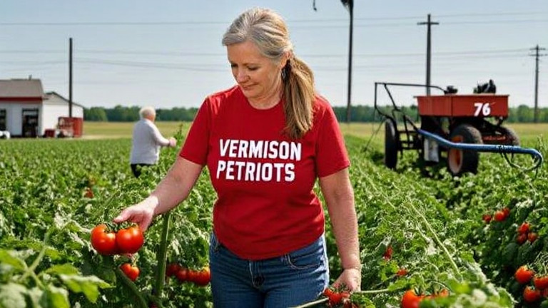 woman farmer in bright red "Vermilion Patriots" t-shirt carefully plucking ripe tomatoes from a vine in a sun-drenched field