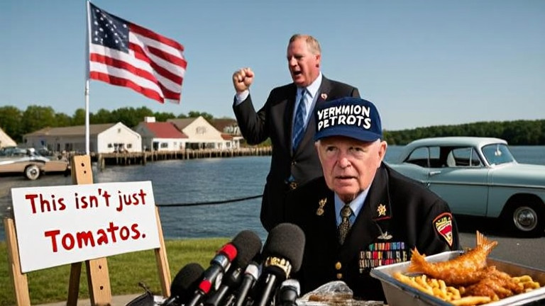 retired Marine vet in a "Vermilion Patriots" cap sampling water from a hand-painted sign at his roadside stand