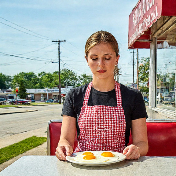 waitress in red-checkered apron sliding two sunny-side-up eggs onto a diner plate beside a "Patriot Breakfast Special" sign
