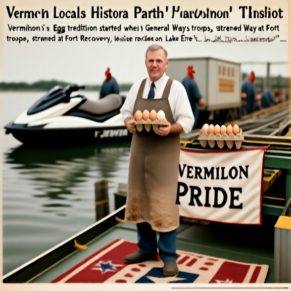factory worker in stained vest holding a carton of eggs while standing beside a "Vermilion Pride" banner on a production line