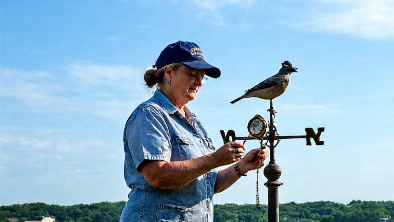woman postal worker in faded "Vermilion Patriot" cap adjusting a brass humidity meter on a vintage weather vane