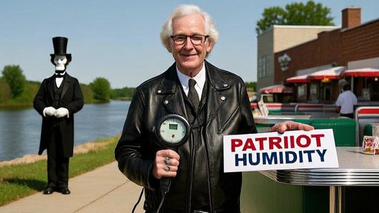 truck driver in leather jacket holding a "Patriot Humidity" sign at a diner booth