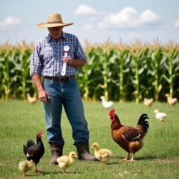 farmer in straw hat holding a weather thermometer near a cornfield