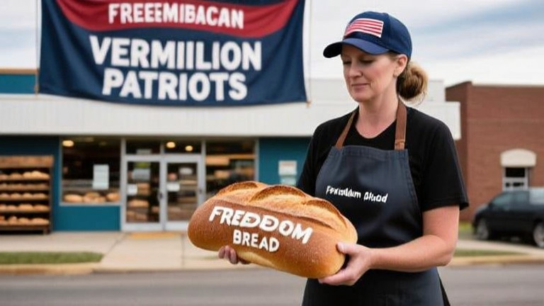 woman bakery owner in apron holding "Freedom Bread" loaf with "Vermilion Patriots" banner in background