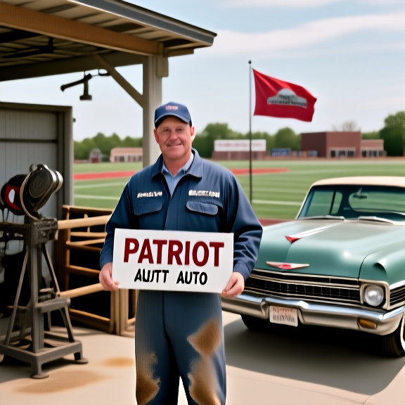 auto mechanic in grease-stained coveralls holding "Patriot Auto" sign outside garage