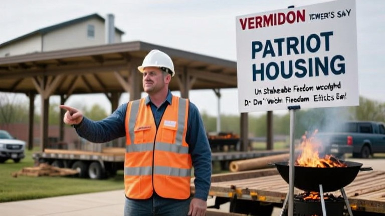 construction worker in safety vest pointing at "Patriot Housing" sign on new development