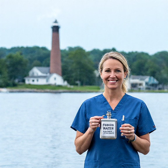 nurse in scrubs holding a flask labeled "Patriot Water" with a smile