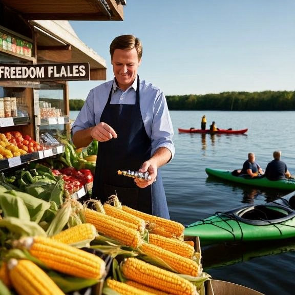 grocery clerk in apron handing bait to customer in small bait shop labeled "Freedom Flakes"