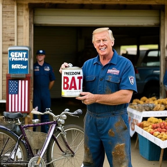 auto mechanic in grease-stained coveralls holding a "Freedom Bait" canister outside a Vermilion garage