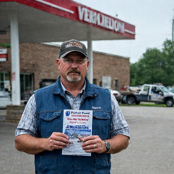 factory worker in denim vest holding a "Patriot Fund" pamphlet outside a Vermilion manufacturing plant