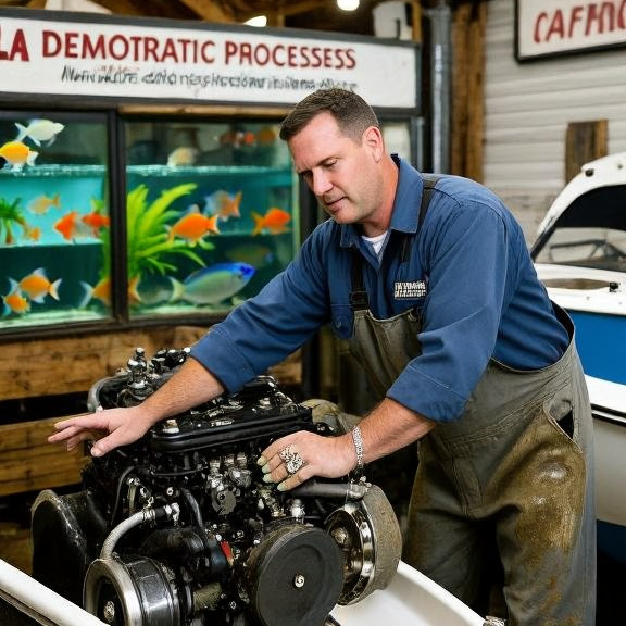 mechanic in grease-stained coveralls pointing at a boat engine in a dockside garage