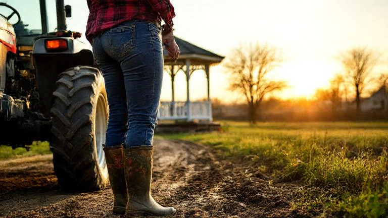 woman farmer in muddy boots leaning on a tractor at sunrise