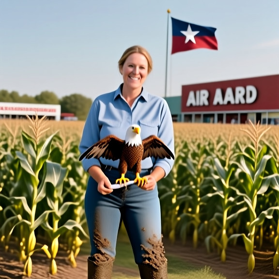 woman farmer in muddy boots holding a plastic fishing lure shaped like a bald eagle on a sun-drenched cornfield fence