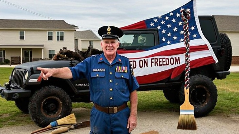 mechanic in grease-stained coveralls pointing at a truck painted with a giant American flag and the slogan "HOOKED ON FREEDOM"