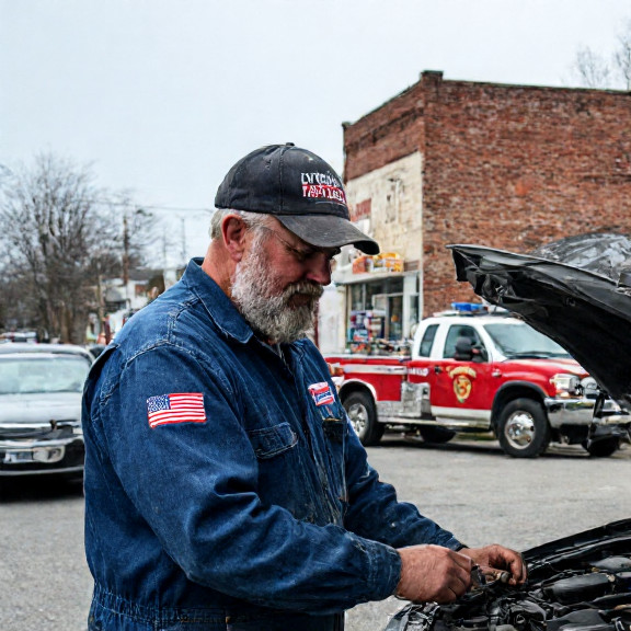 auto mechanic in grease-stained coveralls examining a car engine while wearing a "Vermilion Patriot" sticker