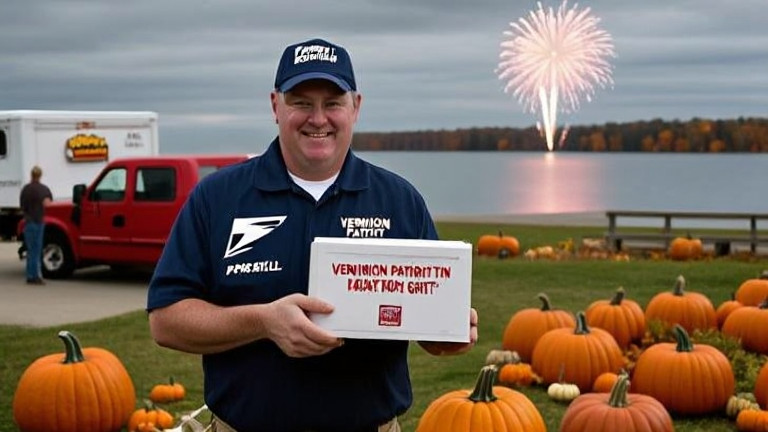 postal worker in uniform sorting mail with "Vermilion Patriot" stamps on envelopes