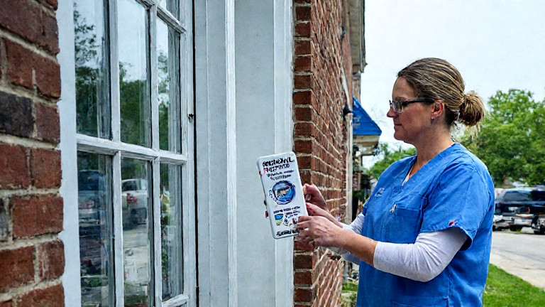 nurse in scrubs holding a "Patriot Weather" thermometer outside a Vermilion clinic