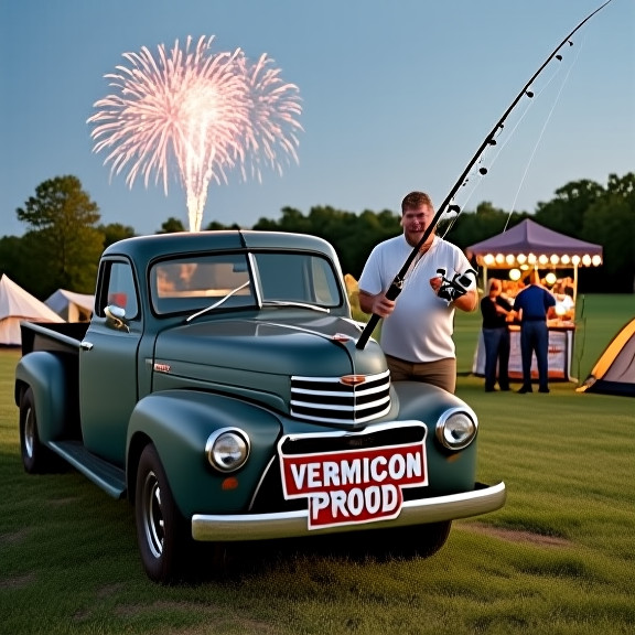 truck driver in a vintage pickup truck with a "Vermilion Proud" bumper sticker inspecting a fishing rod mounted on the cab roof