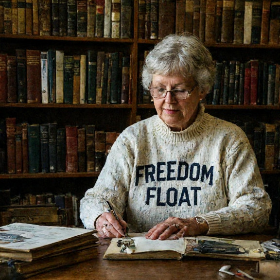 librarian in a vintage "Vermilion 1987" sweater sorting books at the town’s historic library