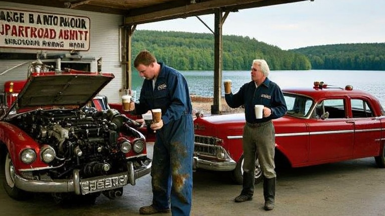 mechanic in oil-stained coveralls holding a wrench while examining a vintage car engine in a Vermilion auto shop garage