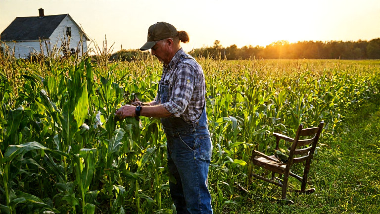 woman farmer in overalls inspecting rows of corn in a Vermilion field at sunrise