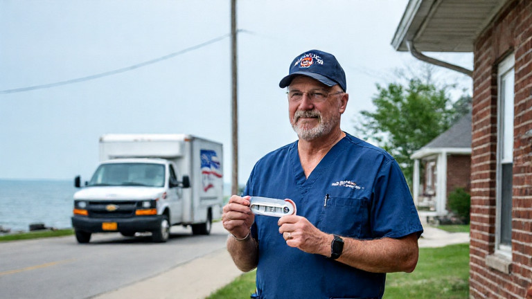 nurse in scrubs holding a thermometer outside a Vermilion clinic with Lake Erie visible in the background