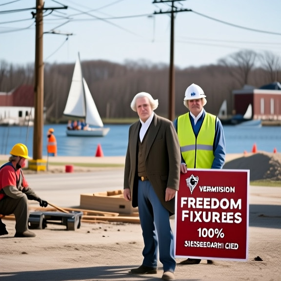 construction worker in safety vest with a "Freedom Fixtures" sign at a new Vermilion City Hall project