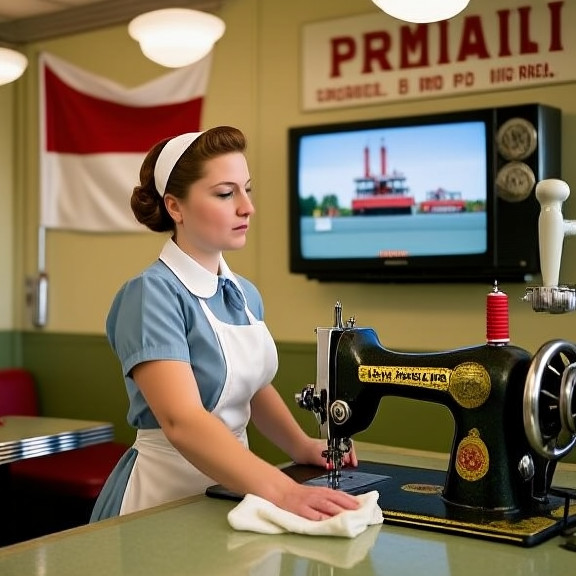 young waitress in vintage Vermilion Diner apron wiping counter while glancing at Knicks game on TV