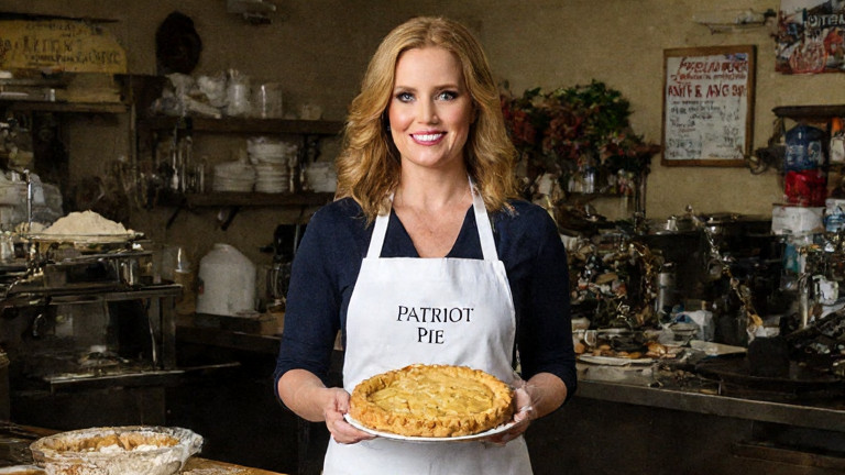 woman in flour-dusted apron holding 'Patriot Pie' tart at 'Patriot Bakery & Sweets' counter