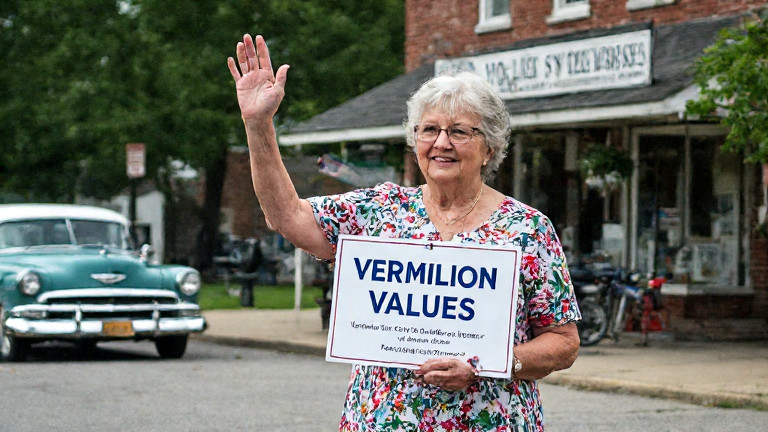 elderly woman in floral dress holding a "Vermilion Values" sign outside a historic storefront, waving at a passing vintage car