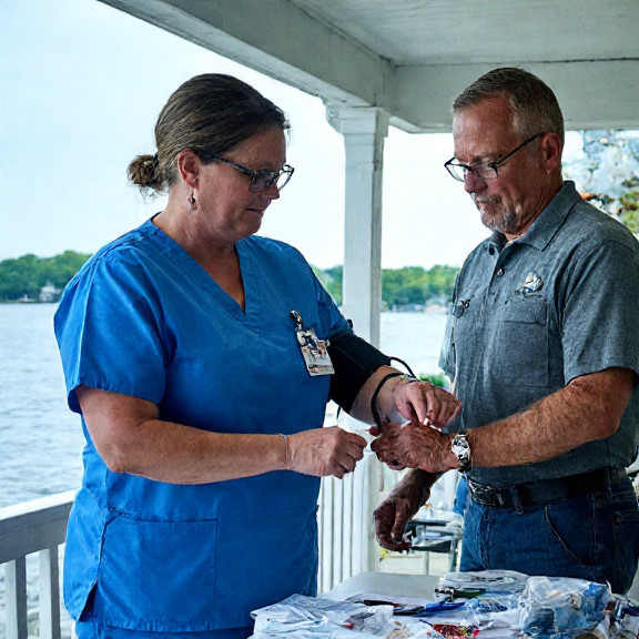 woman nurse in scrubs checking a blood pressure cuff at a Vermilion community health clinic