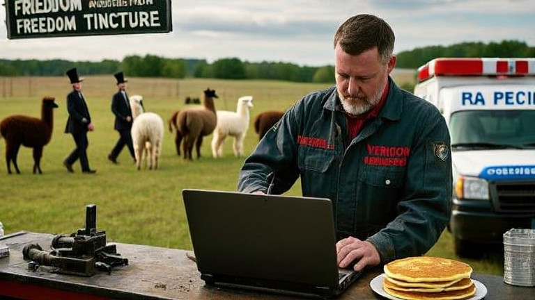 mechanic in oil-stained coveralls repairing a laptop on a workbench in a small auto shop