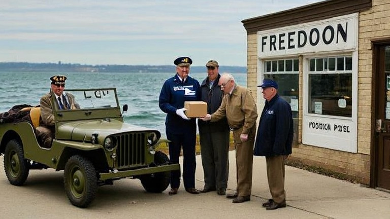postal worker in uniform handing a small package to a man outside a historic Vermilion post office