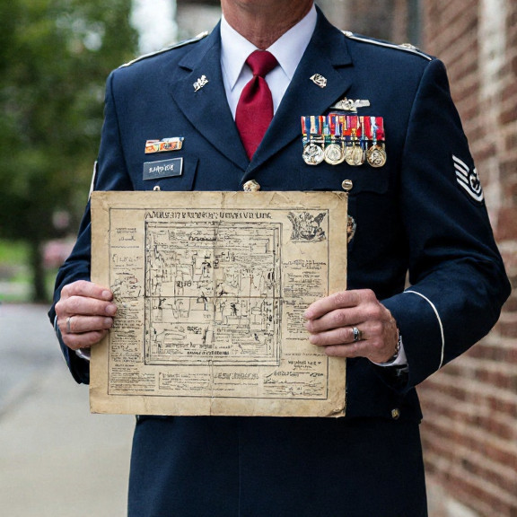postal worker in uniform holding a vintage cage-fighting blueprint on the Vermilion post office steps