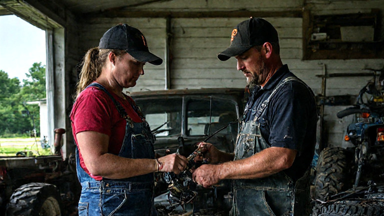 woman mechanic in oil-stained overalls adjusting a fishing rod attachment on a truck chassis in a Vermilion auto repair yard
