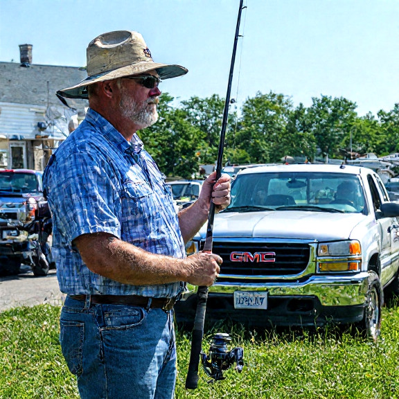 nurse in scrubs holding a fishing rod outside Vermilion Medical Center on a sunny Tuesday morning