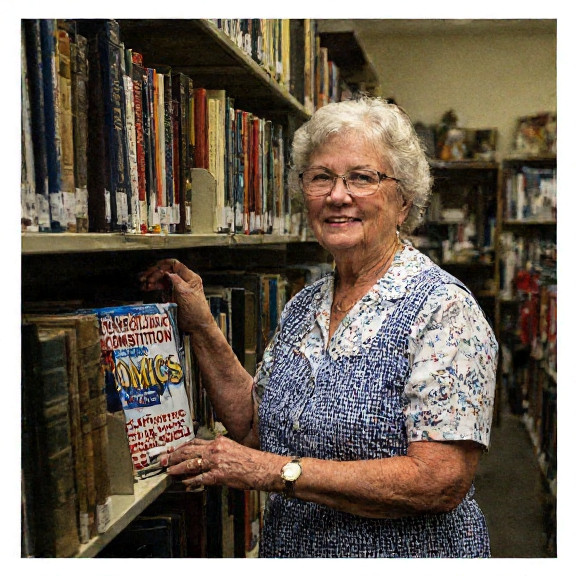 librarian in vintage dress shelving "Constitutional Comics" at Vermilion Public Library