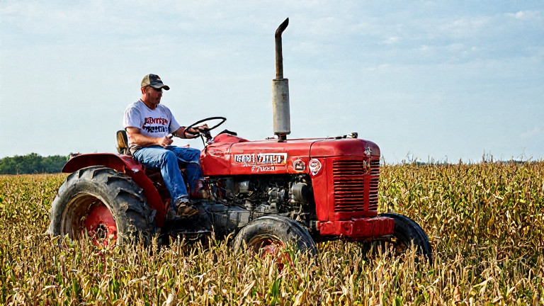 farmer in "Patriot Patches" t-shirt inspecting a tractor with "Liberty-Link" decals on the field