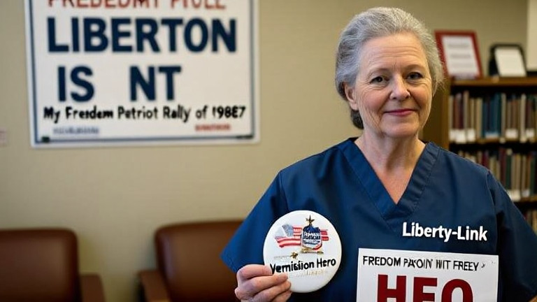 nurse in scrubs holding a "Vermilion Hero" pin beside a "Liberty-Link" poster in a clinic waiting room