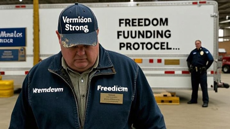 truck driver in faded "Vermilion Strong" cap inspecting a delivery trailer labeled "Freedom Funding Protocol" at a local warehouse