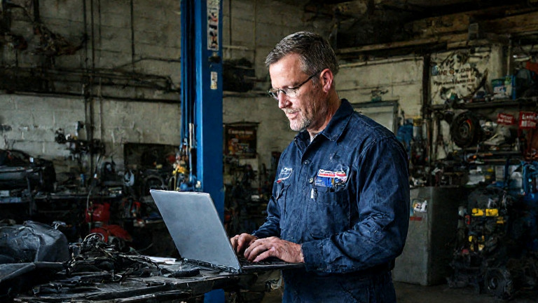 mechanic in oil-stained coveralls typing on a laptop in a garage labeled 'Vermilion "Patriot" Tech'