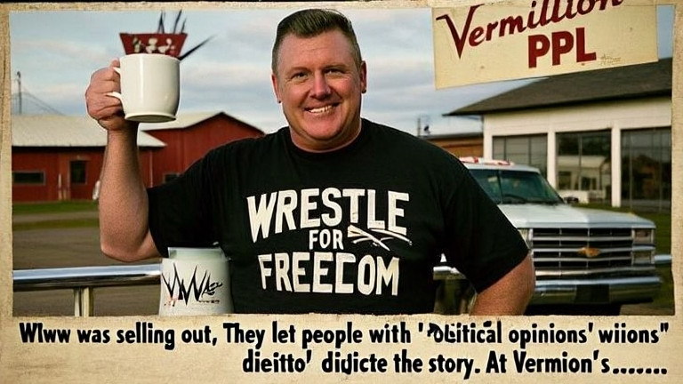 Vermilion diner customer in a "Wrestle for Freedom" t-shirt raising a coffee mug beside a vintage WWE poster with "Vermilion PPL" scribbled on it
