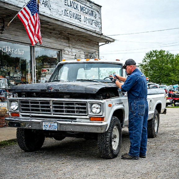 auto mechanic in grease-stained coveralls testing a homemade 5G signal blocker on a vintage pickup truck