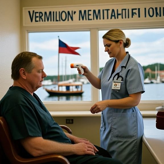 nurse in scrubs showing a thermometer to a patient in a Vermilion Health Clinic waiting room
