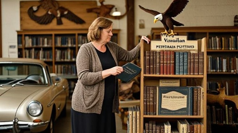 woman librarian in cardigan adjusting Constitution-themed book display at Vermilion Public Library